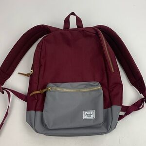 Herschel Canvas Backpack Gold zip closure Burgundy Maroon Gray Red stripe Lined